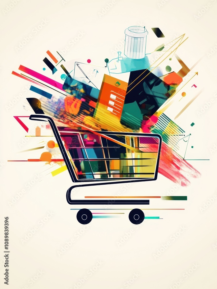 Fototapete dynamic shopping cart filled with vibrant geometric shapes and flowing lines, illustrating an imagin