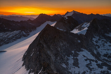 Scenic landscape at sunrise frome the summit mountain peak Venerocolo, Valle Camonica, Italian Alps, Lombardy, Italy.	