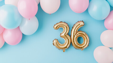 Golden '36' metallic balloons surrounded by pastel pink, blue balloons on light blue background, ideal for milestone birthday decorations and festive celebrations