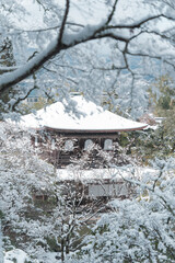 Ginkakuji temple in the snow in Kyoto, Japan.