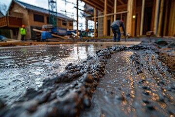 Several construction workers are laying freshly poured concrete on the ground as rain falls, creating a reflective surface. The building framework is partially visible in the background