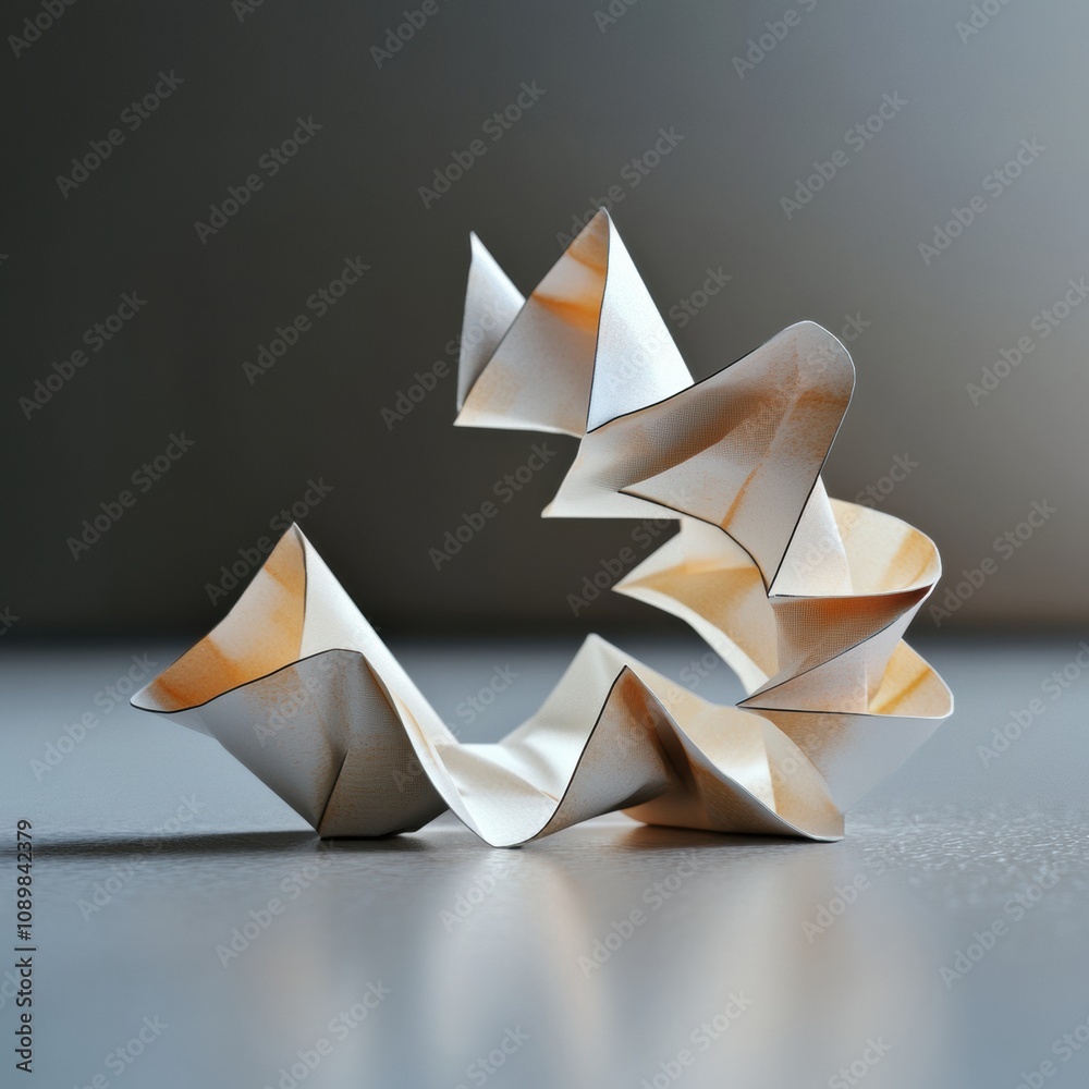 Poster Intricate paper sculpture formed with folds and twists is illuminated by soft natural light, creating shadows on a smooth surface. Generative AI