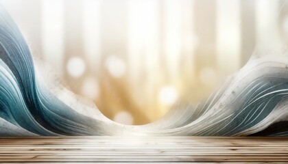 Artistic depiction of soft waves blending into golden and blue light, with a wooden floor foreground adding a natural texture