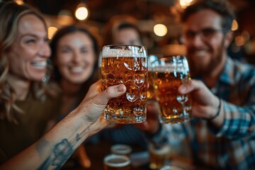 A group of friends cheerfully clinks their beer glasses together at a bustling bar, celebrating their time together. The warm ambiance adds to the joyful atmosphere of the gathering