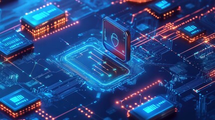 Fototapeta premium Cyber Security Chip with Shield Icon on a Motherboard