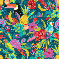Vector seamless pattern with flowers, fruits, birds, musical instruments. Brazil carnival. Design templates for carnival concept and other © Nadia Grapes