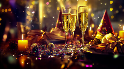 A festive New Year's, Eve celebration with a beautifully set dinner table adorned with sparkling decorations, candles, and a center piece of champagne glasses.
