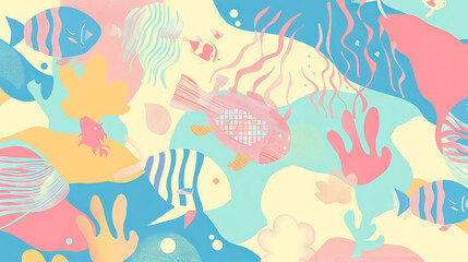 Naklejka premium Colorful Underwater Scene Illustration with Vibrant Fish and Coral Patterns. Concept of Ocean Life, Marine Biodiversity, and Aquatic Art. Background