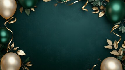 Green and gold balloon frame with leafy details, elegant ribbons generative ai