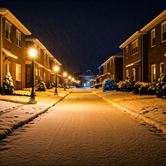 Obraz premium A picturesque winter street adorned with twinkling lights, casting a warm glow on the snow-covered ground and historic buildings