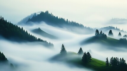 Obraz premium A mountain landscape with pines in the foreground and low clouds behind