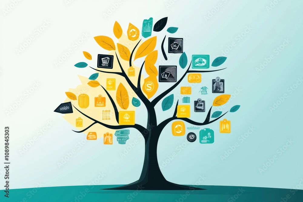 Fototapete Abstract tree design features branches adorned with discount symbols and price tags instead of traditional leaves, showcasing a creative art piece. Generative AI