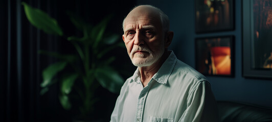 An old man in his living room looking at the camera with an intense gaze