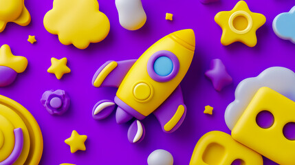 An array of high-quality 3D icons, prominently featuring a cute rocket as the central element.
