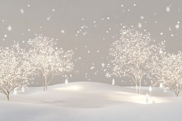 Fototapeta premium Simple winter scene with snowflakes and light trees on a plain background