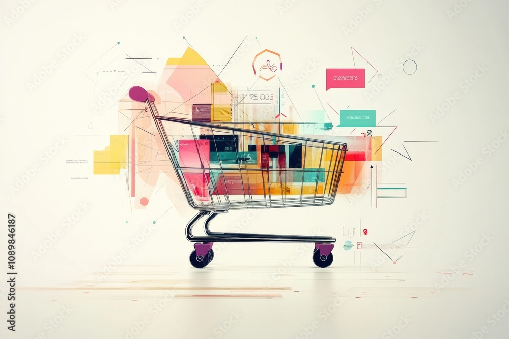 Poster Abstract representation of a shopping cart crafted from geometric shapes and flowing lines, showcasing vibrant colors and retail elements. Generative AI