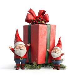 Obraz premium Christmas and New Year greeting card with festive 3D gnomes in red hats carrying a big gift.