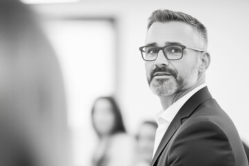 Obraz premium Confident man in suit presents to small group in minimalist conference room with natural sunlight