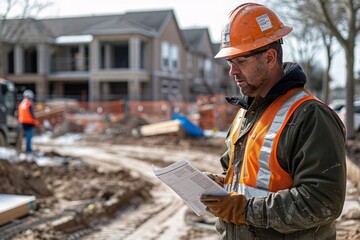 Obraz premium A construction worker in safety gear reviews construction plans at a residential site. Nearby, colleagues are engaged in various building activities on a clear day