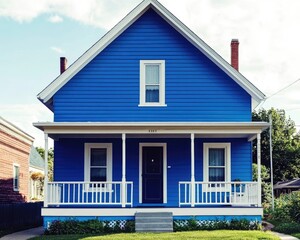 Charming Two-Story Blue Residence with Cozy Porch and Elegant White Trim