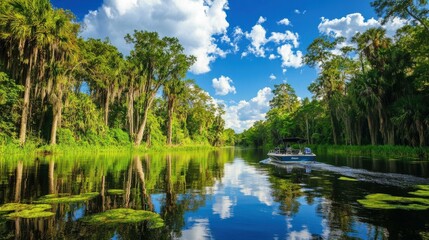 Fototapeta premium Exploring a Serene Tropical Landscape: A Boating Adventure Amidst Lush Greenery and Reflective Waters