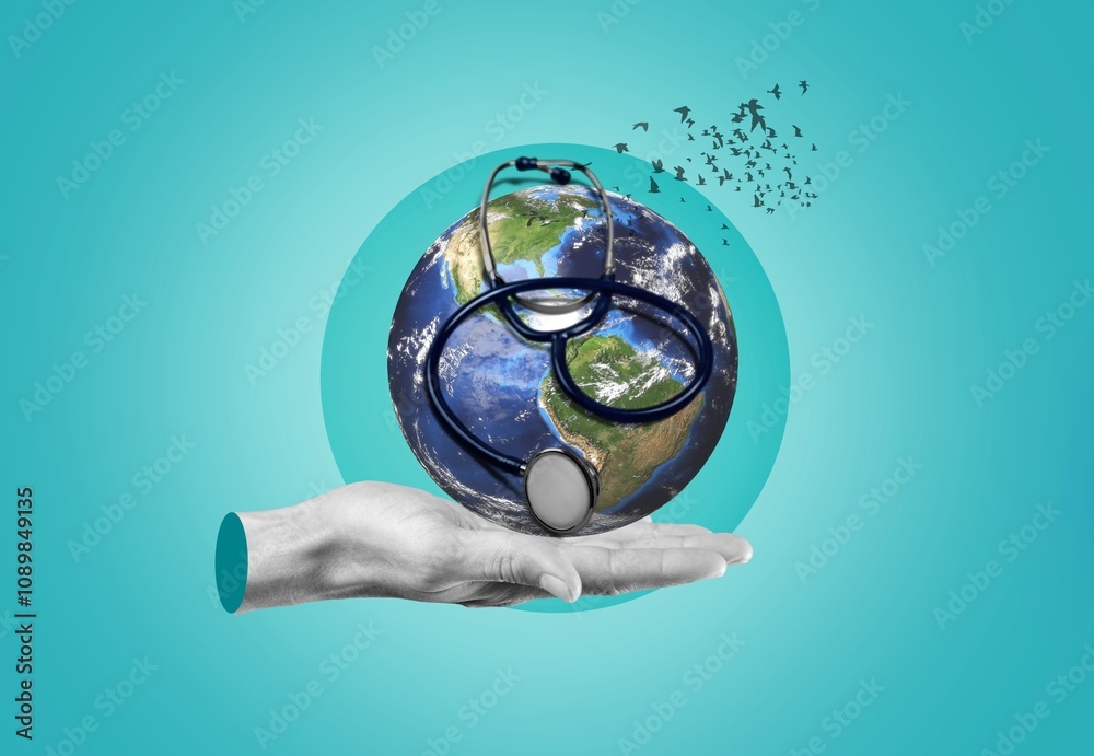 Poster World Health concept. Stethoscope and Earth globe