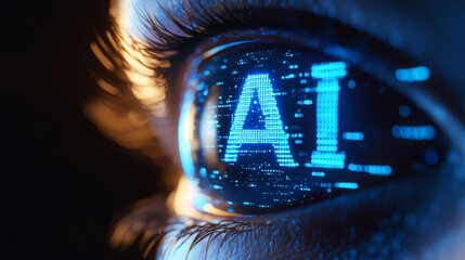 Close up of an eye with the word AI written in it, symbolizing artificial intelligence debate