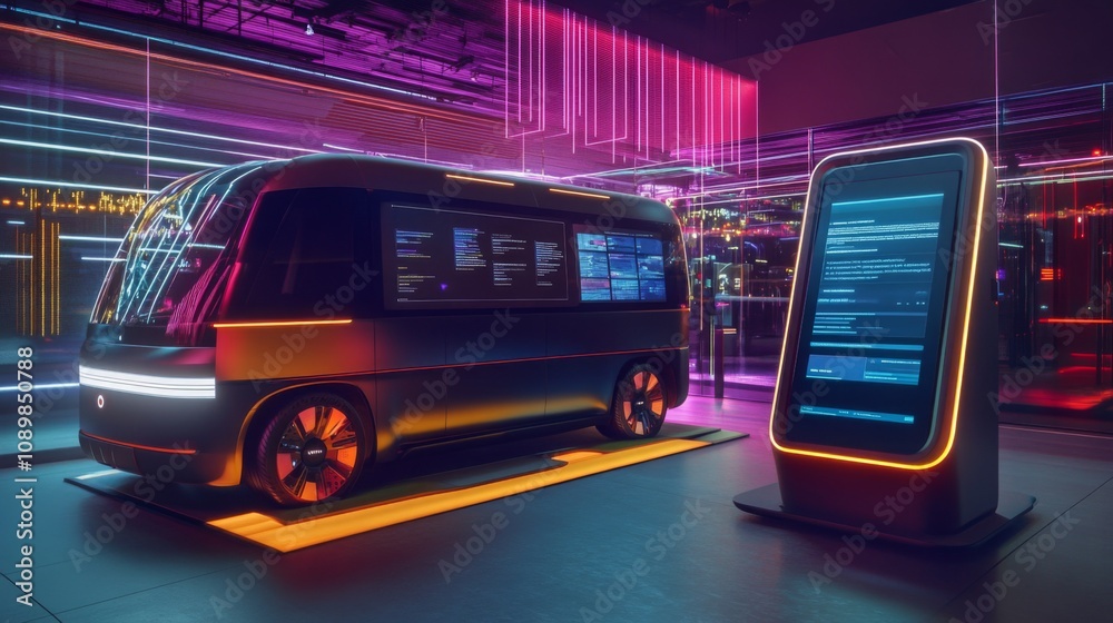 Poster A futuristic, silver bus with large windows and screens is showcased on a platform in a modern setting. The bus is illuminated by neon lights of purple and orange.