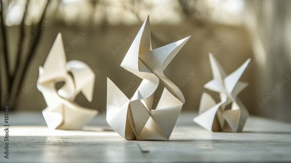 Poster three intricate origami sculptures rest on a wooden table, illuminated by soft, natural light filter