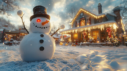 Obraz premium Snowman with Glowing Red Eyes in Festive Holiday Scene
