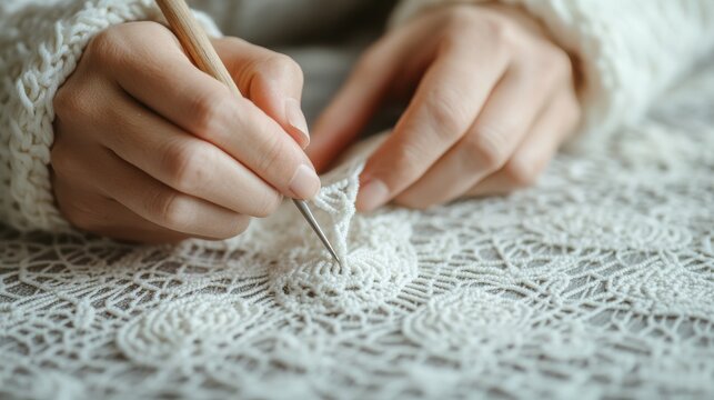 A close-up of hands delicately crafting intricate lacework with a crochet hook, showcasing a beautiful textile art form.