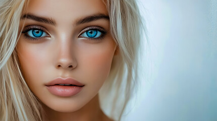 Fototapeta premium Portrait of a stunning blonde woman with captivating blue eyes, against a clean white backdrop.