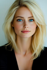 Naklejka premium Portrait of a stunning blonde woman with captivating blue eyes, against a clean white backdrop.