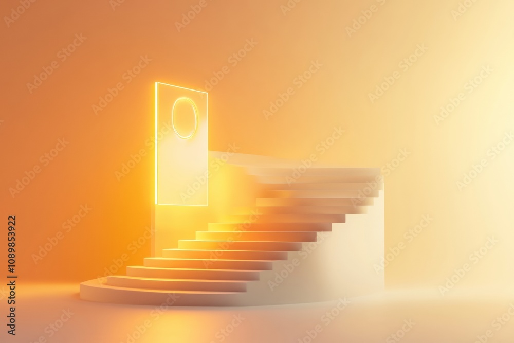 Aufkleber Soft golden light envelops a staircase that ascends gracefully to a luminous portal, creating a tranquil and inviting atmosphere. Generative AI