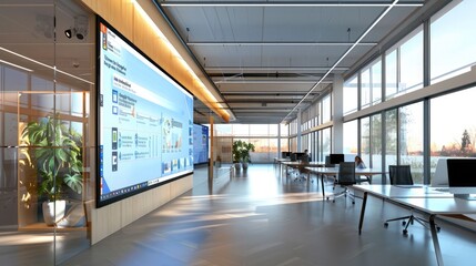 A contemporary office with a large interactive touchscreen wall, used for team presentations and brainstorming sessions