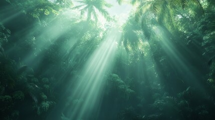Obraz premium Sunbeams Illuminate Lush Tropical Rainforest Canopy