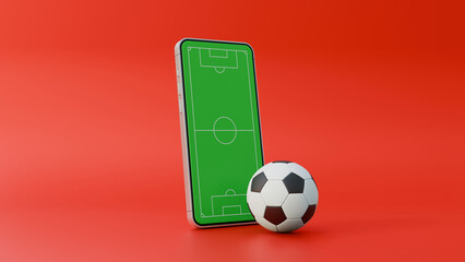 Football online application on smartphone on red background. Soccer fields screen mobile phone. Football news and bet concept. © HalukYakup