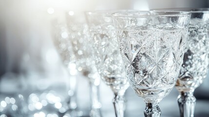 Sparkling Crystal, Sparkling Beverage A Row of Elegant Crystal Glasses Filled With Bubbly Drink
