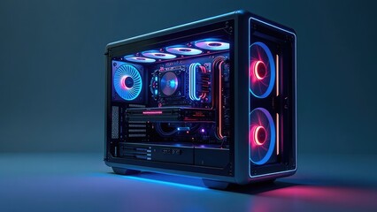 A high-performance gaming PC with vibrant RGB lighting is showcased in a sleek, modern case against a dark background. Concept of gaming technology and high-end PC hardware.