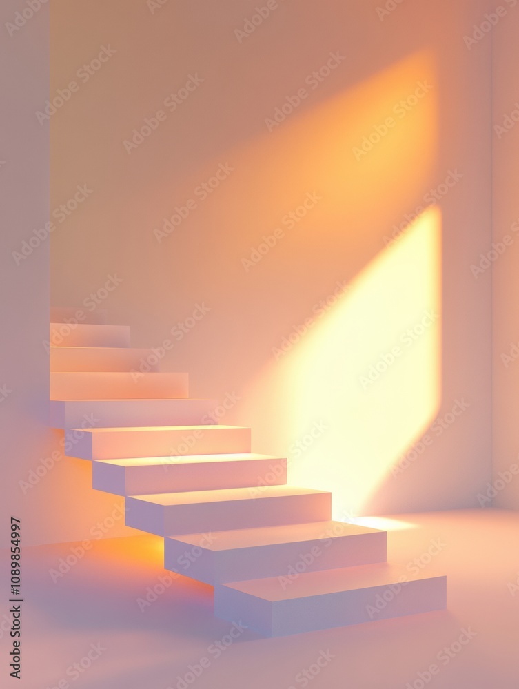 Poster gentle sunlight streams through a large window, illuminating a minimalist staircase in a serene, emp