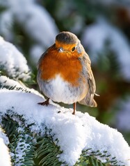 robin bird animal on a snow covered fir tree, AI generated
