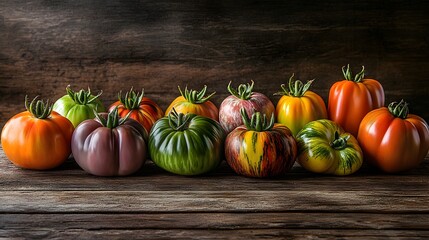 a selection of colorful heirloom tomatoes with their varied shapes and hues, lit to emphasize their rich colors and textures,  rustic wooden farm table background