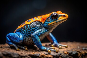 Obraz premium Colorful blue and orange toad on dark background