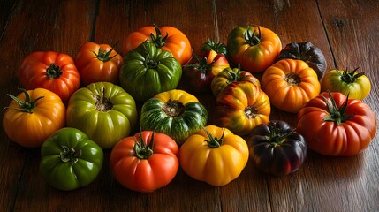 a selection of colorful heirloom tomatoes with their varied shapes and hues, lit to emphasize their rich colors and textures,  rustic wooden farm table background