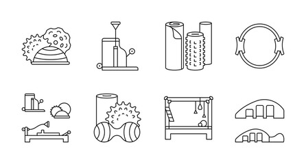 Pilates, icon set. Equipment for pilates exercises - mat, foam roller, ring, pilates chair, ball, trapeze table. Mind-body exercises and physical training. Linear illustration set, thin editable strok