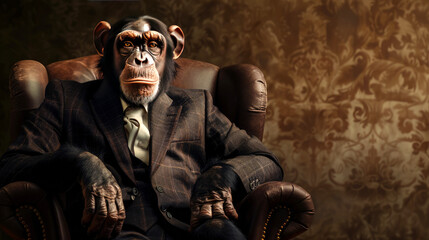 Monkey in a business suit sits in a leather chair. Anthropomorphic animal. AI generated illustration.