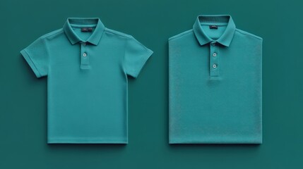 Naklejka premium Two Teal Polo Shirts on Teal Background, One Folded