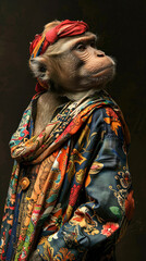 Obraz premium Portrait of anthropomorphic monkey dressed in bright colorful clothes. AI generated illustration.
