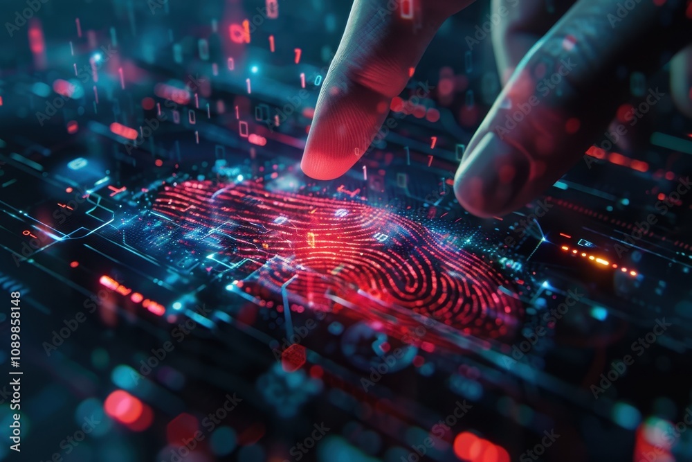 Fototapete digital fingerprint recognition technology showcasing a hand touching a holographic fingerprint on a