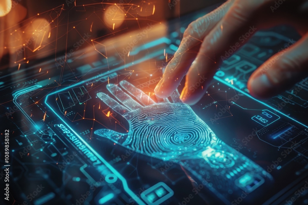 Leinwandbilder digital fingerprint recognition technology showcasing a hand touching a holographic fingerprint on a